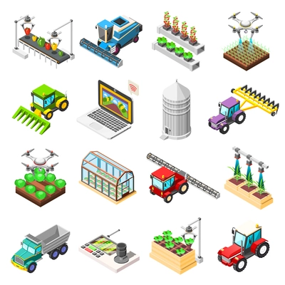 Agricultural isometric icons set of remotely controlled robots used for plowing cultivation harvesting isolated vector illustration