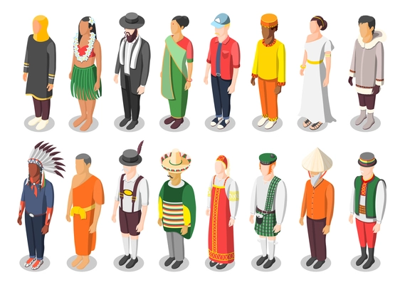 Multinational world culture isometric icons set of sixteen characters in colorful native national costumes isolated vector illustration