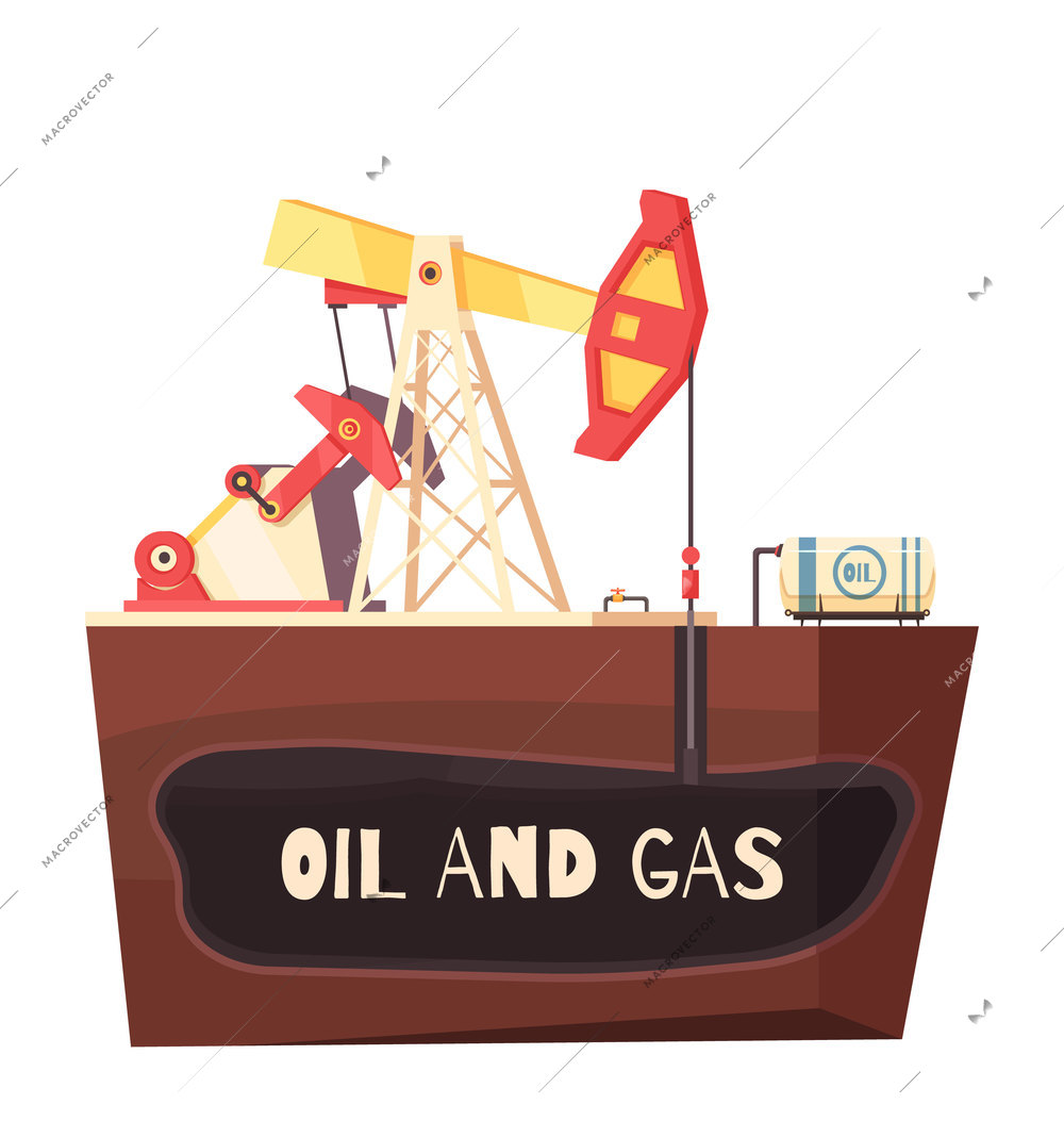 Oil production conceptual composition with flat sectional view of rig site with sucker-rod pumping unit vector illustration