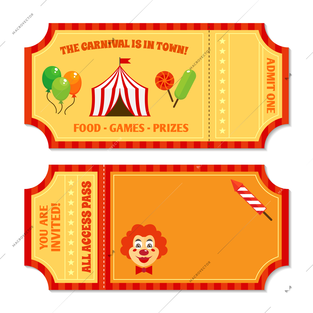 Two vintage circus tickets with clown pavilion tent balloons and candy isolated vector illustration