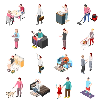 Life of ordinary people isometric icons set with men and women involved in daily routine work isolated vector illustration