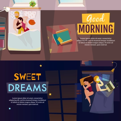 Sleeping poses horizontal banners set with dreams symbols flat isolated vector illustration