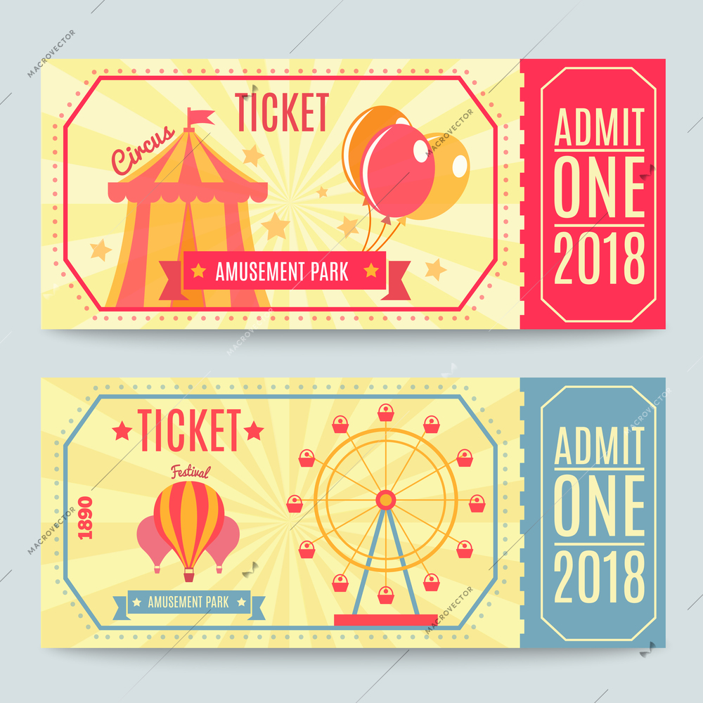 Amusement park tickets collection of two printed coupons with flat fairground attraction images and editable text vector illustration