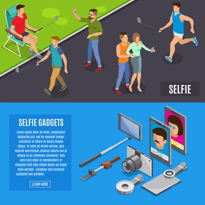 Set of horizontal isometric banners social photo and self portrait with monopod, selfie gadgets isolated vector illustration