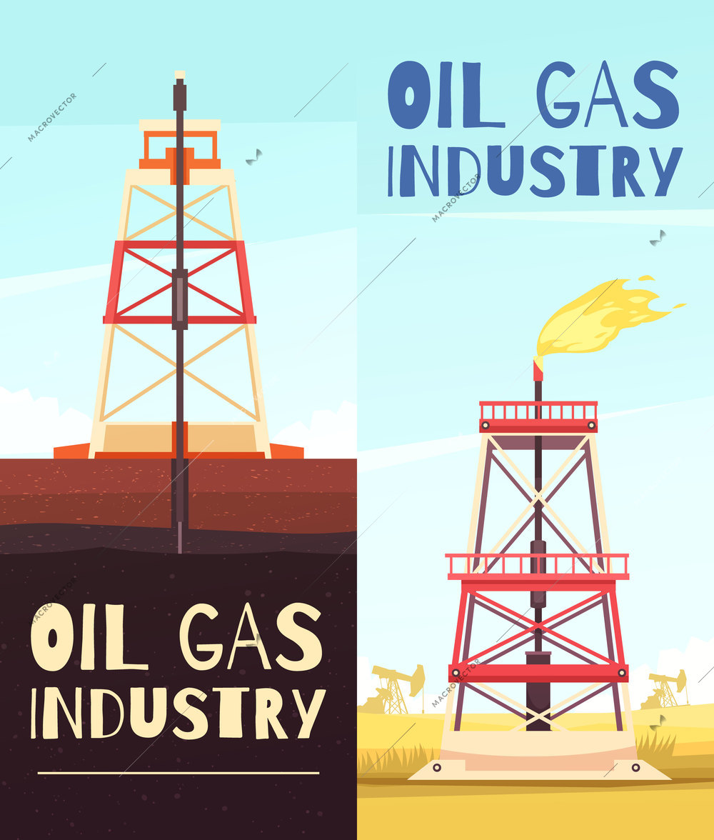 Set of two vertical oil production banners with view of oil-well derrick and editable text vector illustration