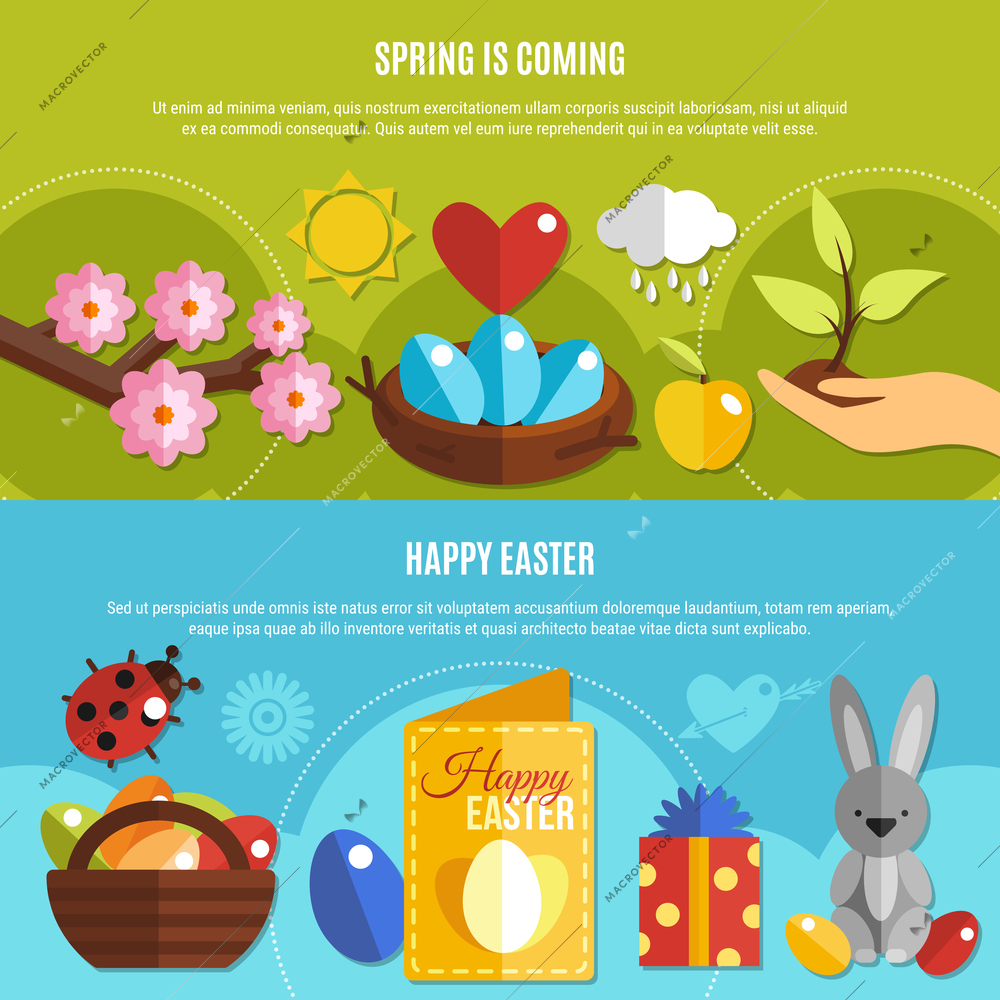 Colorful horizontal banners set with spring and easter holiday icons flat isolated vector illustration