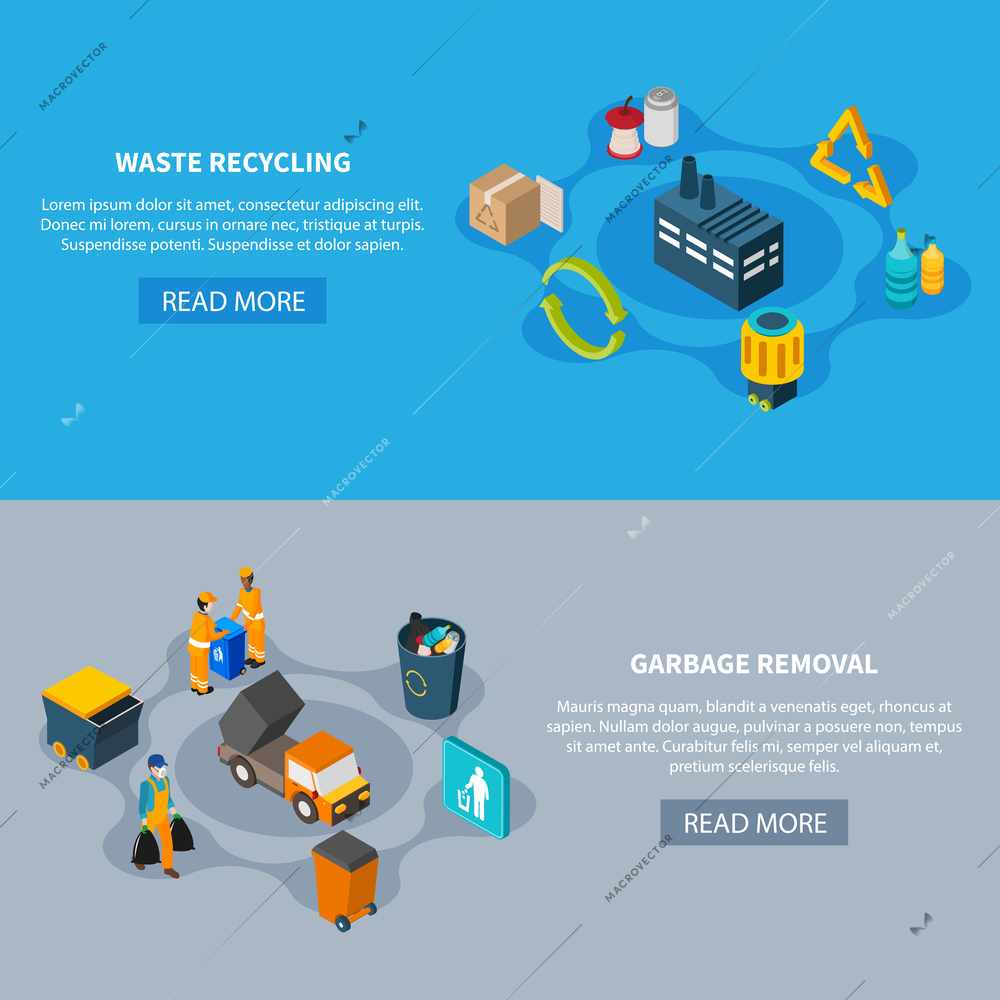 Garbage isometric set of two horizontal banners with read more button editable text and refuse images vector illustration