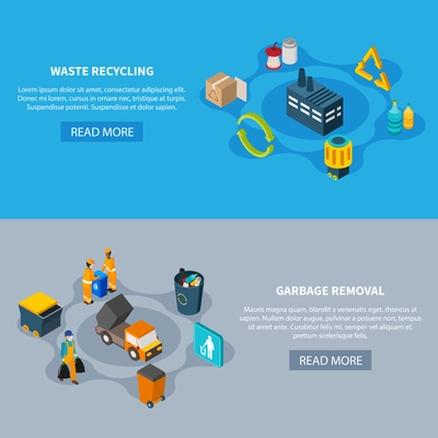 Garbage isometric set of two horizontal banners with read more button editable text and refuse images vector illustration