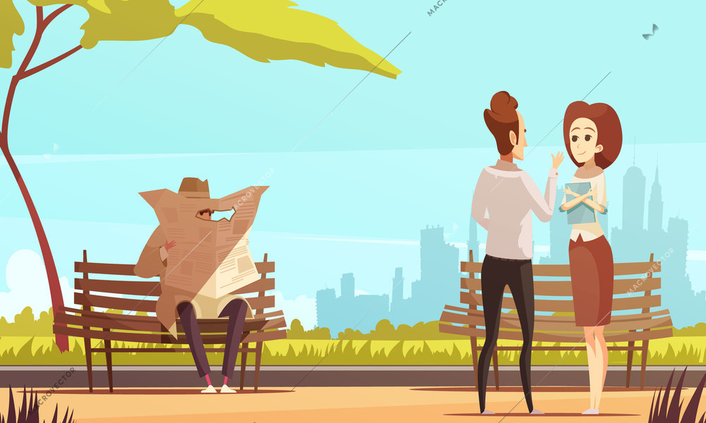 Spy composition with view of urban city park and people characters with private detective tracing a couple vector illustration