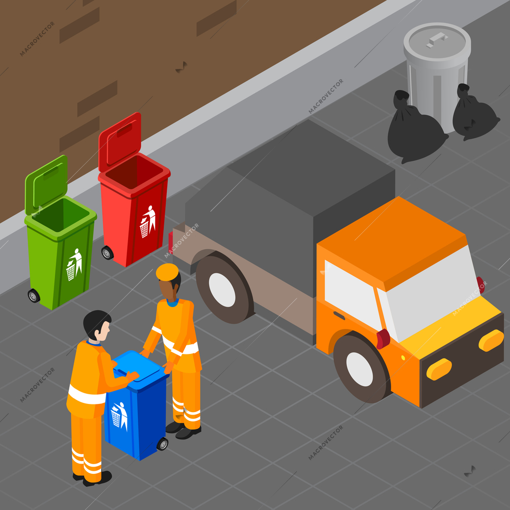 Garbage isometric composition with two human characters of collection workers carrying rubbish bin towards sanitation truck vector illustration