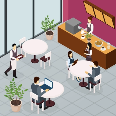 Colored business lunch people flyer with small cafe in office or in mall vector illustration