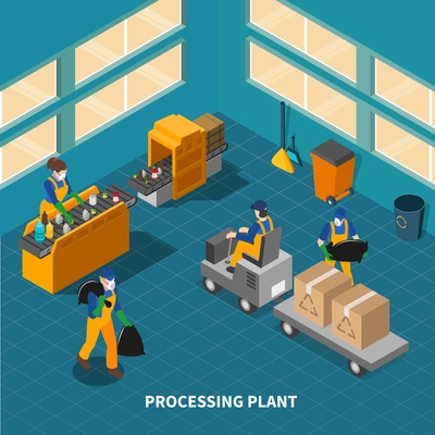 Garbage isometric composition with shop floor interior of waste recycling processing plant with machines and people vector illustration