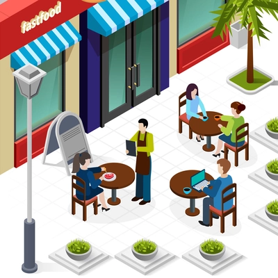 Colored business lunch people composition with city cafe on the street called fast food vector illustration