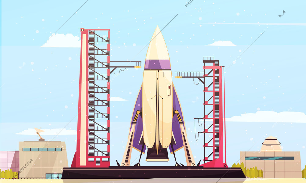 Space technology rocket satellites flat composition of space port scenery with firing pad equipment and buildings vector illustration