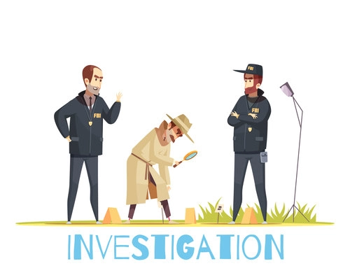 Detective composition with doodle style human characters of policemen in uniform and private detective with magnifying lens vector illustration