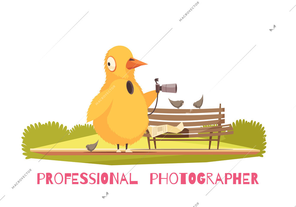 Paparazzi composition with view of public open space park with bench and photographer in chicken morphsuit vector illustration