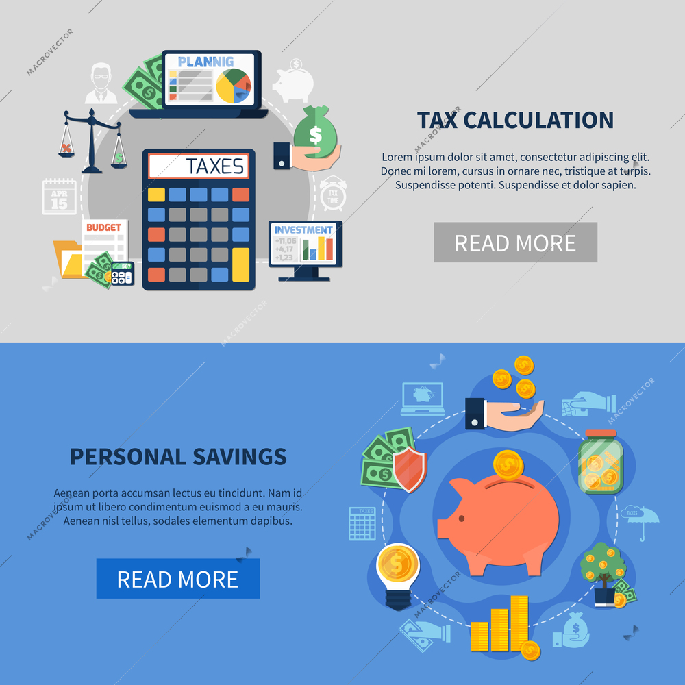 Flat horizontal banners with tax calculation and personal savings isolated on grey and blue background vector illustration