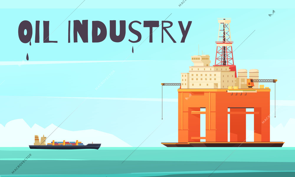 Oil production industry composition with flat seascape and tension leg offshore platform for oil extracting vector illustration