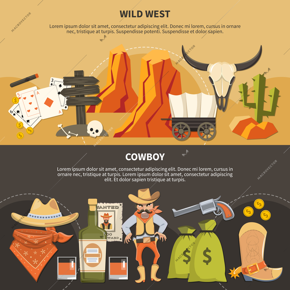 Horizontal banners with wild west elements and cowboy attributes isolated on black and sand background vector illustration