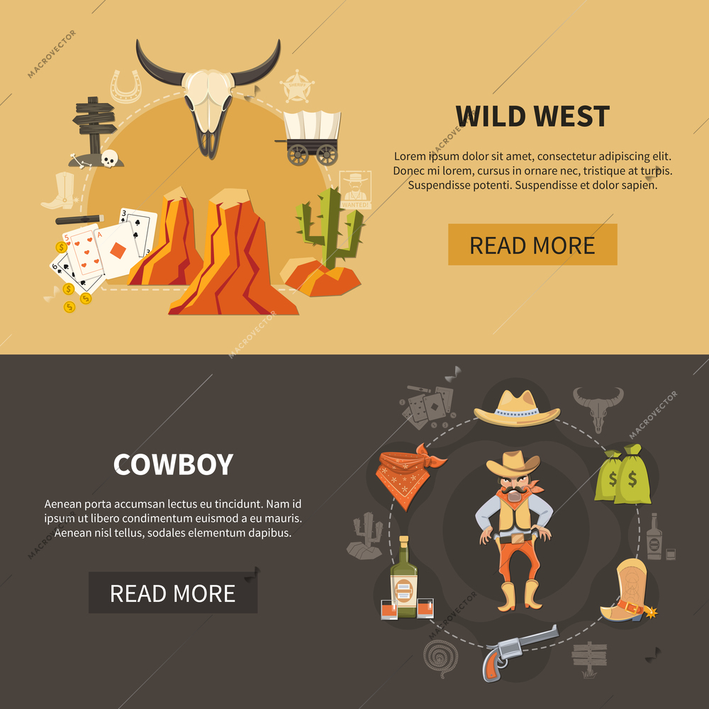 Set of flat horizontal banners with wild west elements, cowboy guns and accessories isolated vector illustration