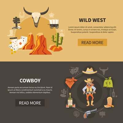 Set of flat horizontal banners with wild west elements, cowboy guns and accessories isolated vector illustration