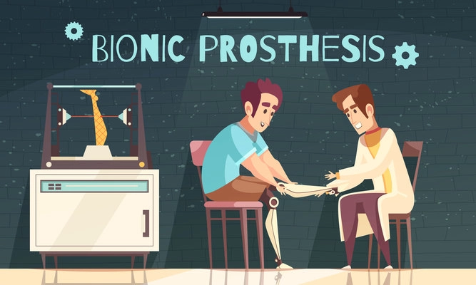 Bionic prosthesis doctor illustration with doodle human characters of patient and doctor installing artificial legs vector illustration