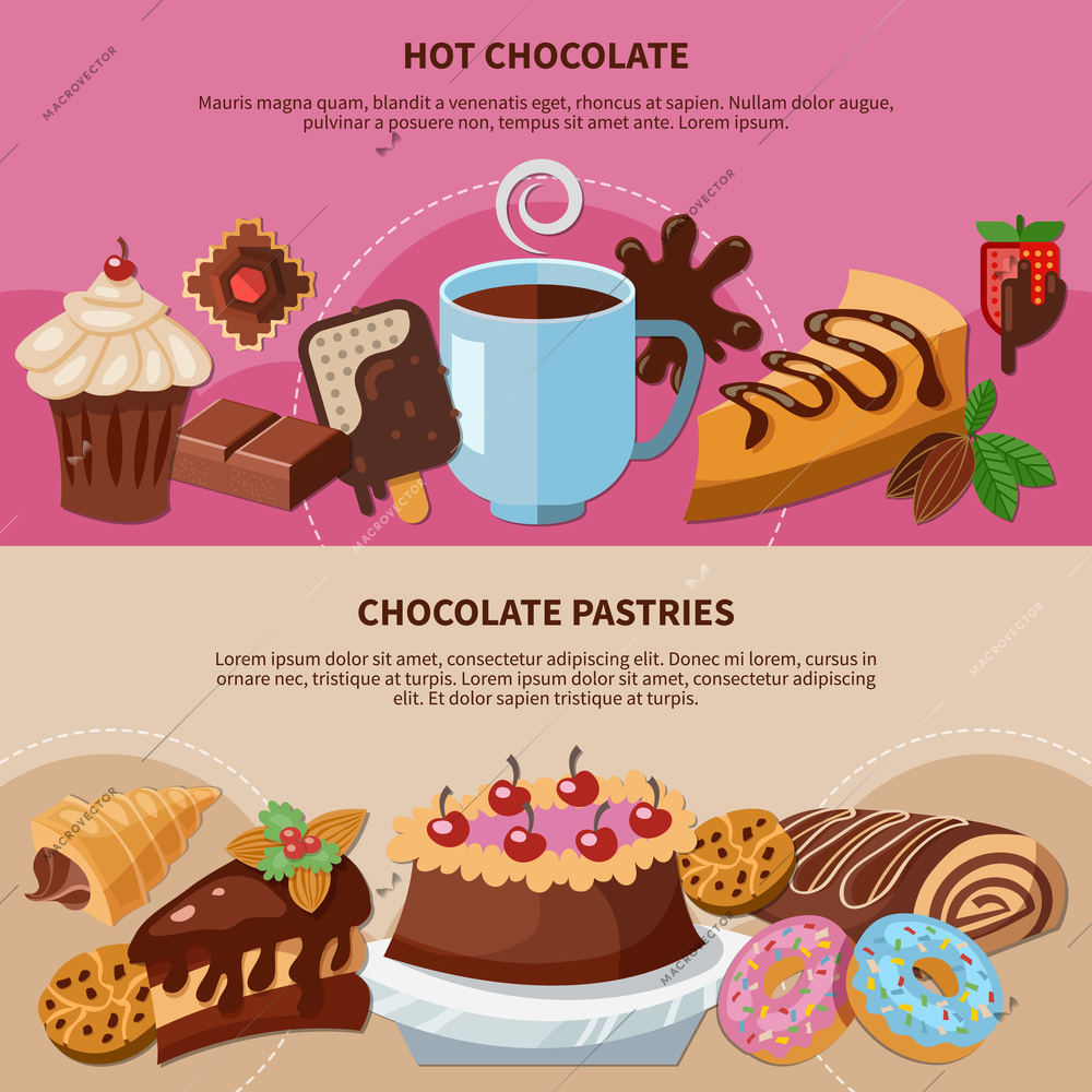 Set of flat banners with hot chocolate and pastries on pink and beige background isolated vector illustration