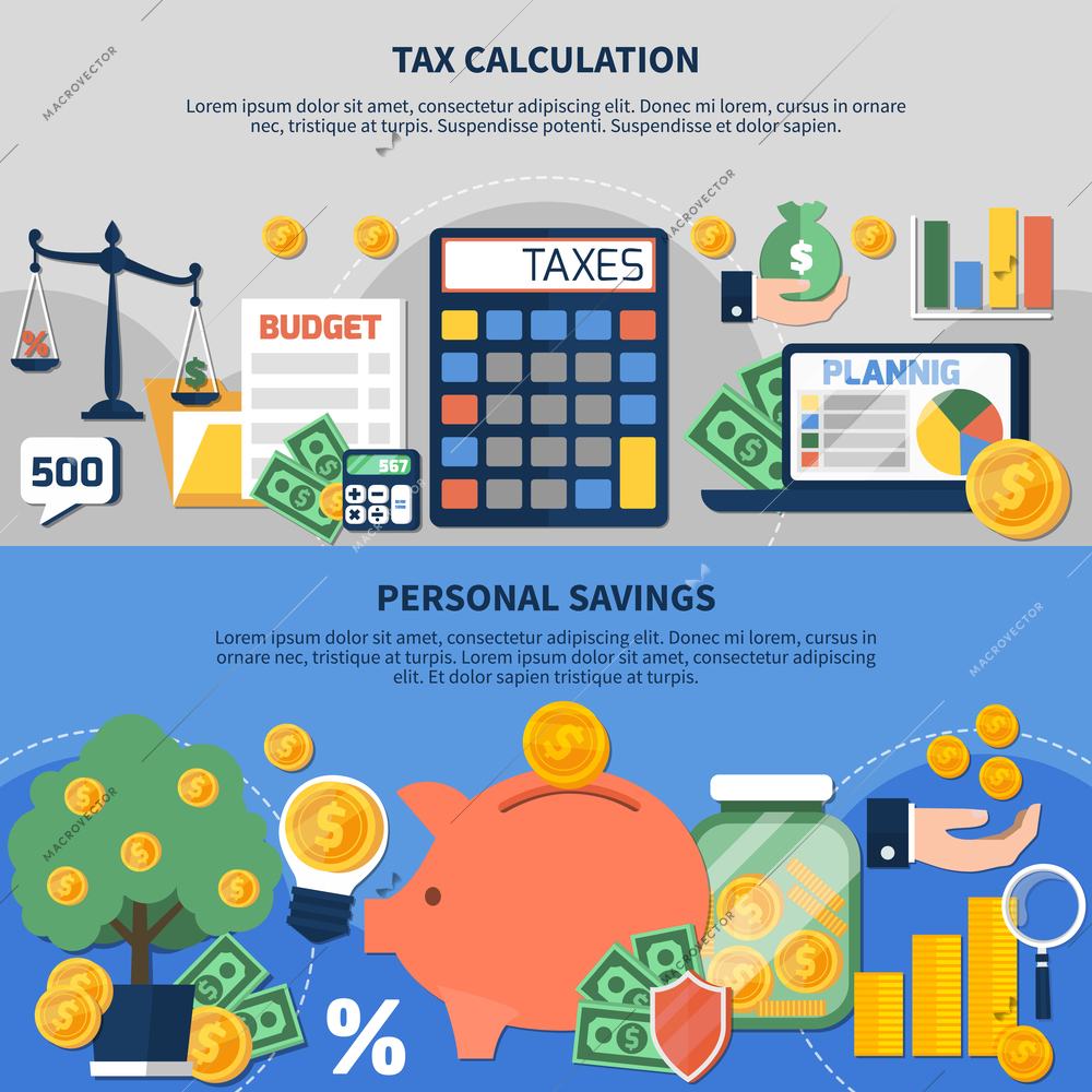 Set of horizontal banners with taxes calculation, budget planning, personal earnings and savings isolated vector illustration