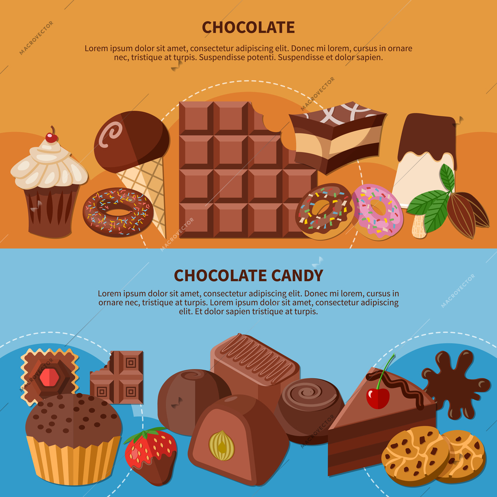 Set of flat horizontal banners with chocolate bar, icecream, cupcake and candies isolated vector illustration