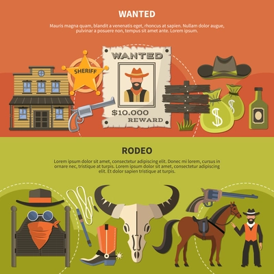 Horizontal banners with sheriffs attributes, wanted person poster with reward, cowboy accessories for rodeo isolated vector illustration