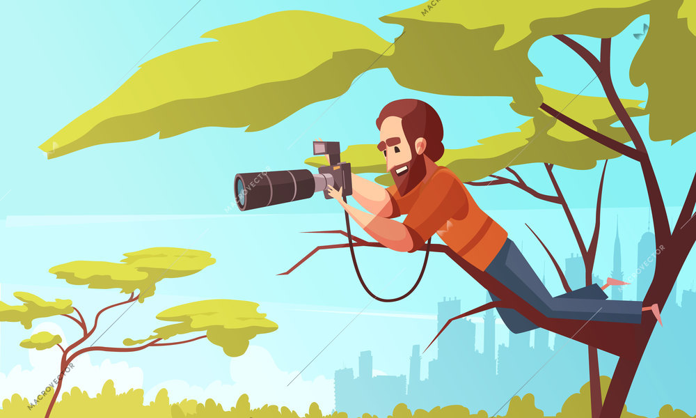 Paparazzi composition with urban scenery and male character sitting in a tree with telescopic lens photo camera vector illustration