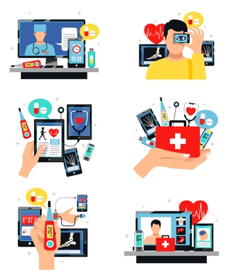 Digital health innovative self-care and control technology 6 symbols compositions set isolated flat vector illustration flat