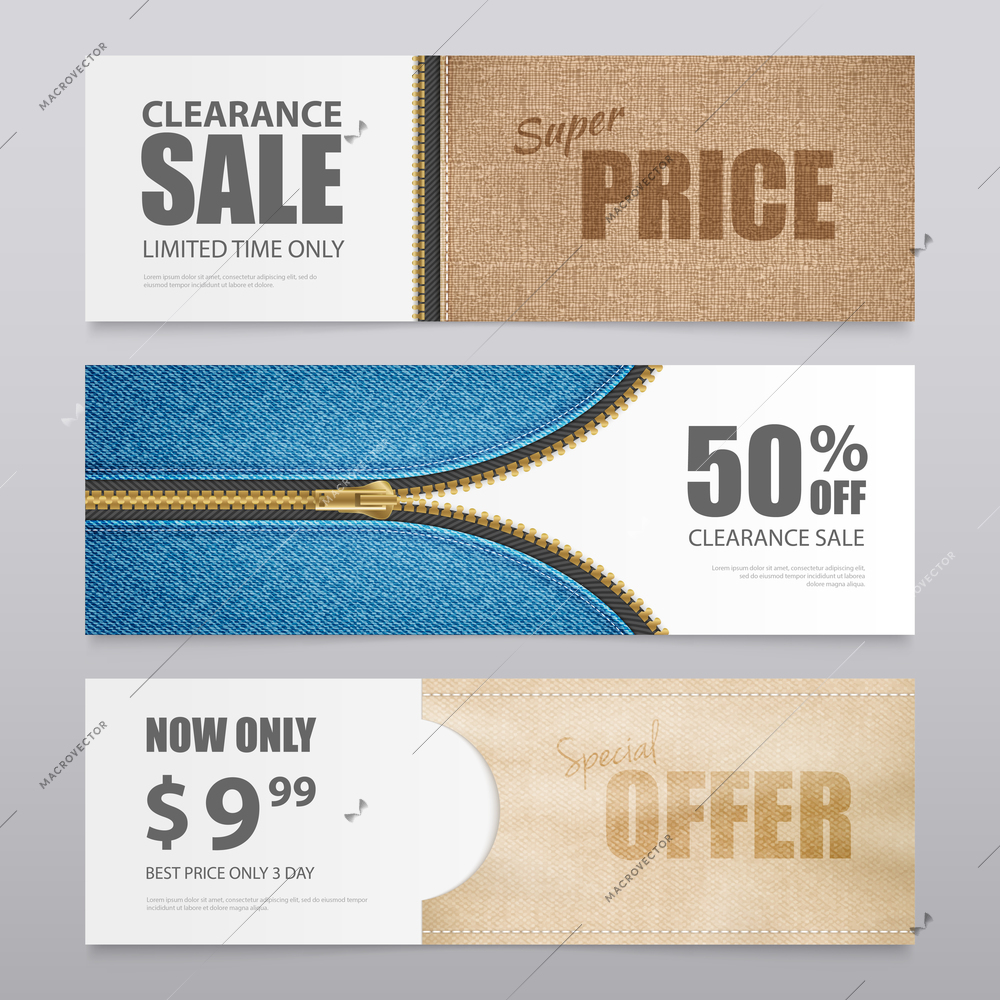 Cloth textile clearance sale special offer 3 horizontal advertisement banners with realistic fabric texture isolated vector illustration