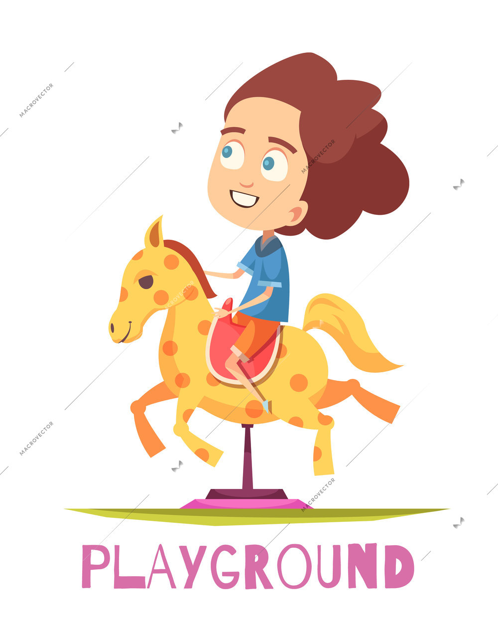 Children playground composition with doodle style human character of child riding the rocking horse with text vector illustration