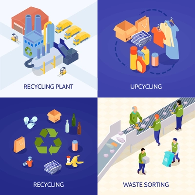 Garbage recycling isometric design concept with waste processing plant, upcycling, refuse sorting isolated vector illustration