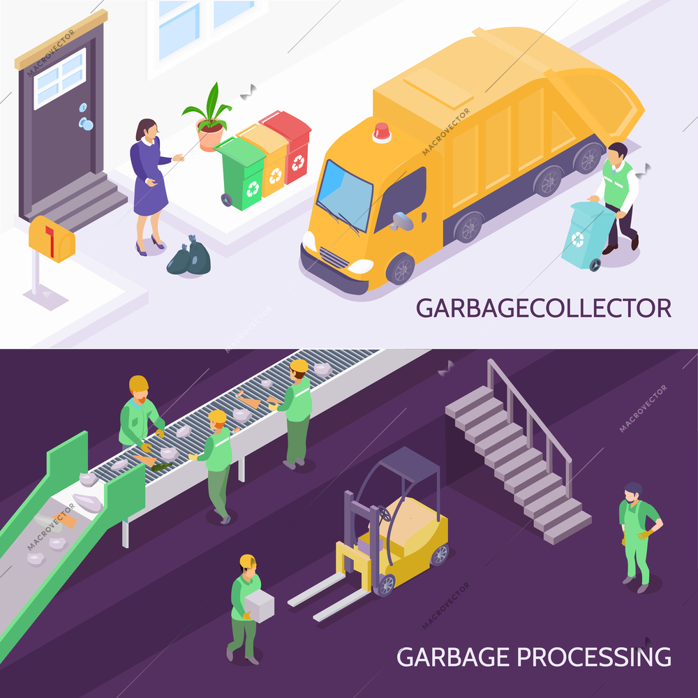 Set of horizontal isometric banners with garbage collector and refuse truck, waste recycling isolated vector illustration