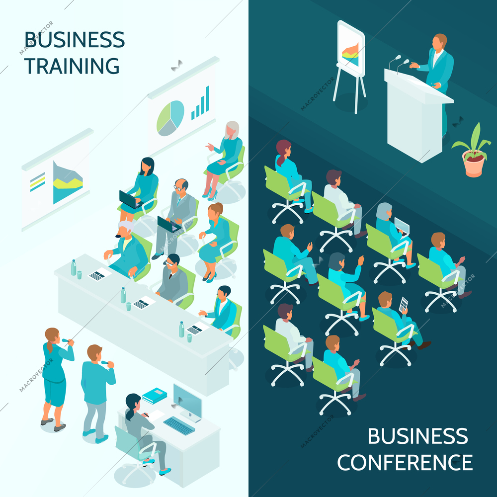 Business education vertical isometric banners with lecturer and auditorium during conference and corporate training isolated vector illustration