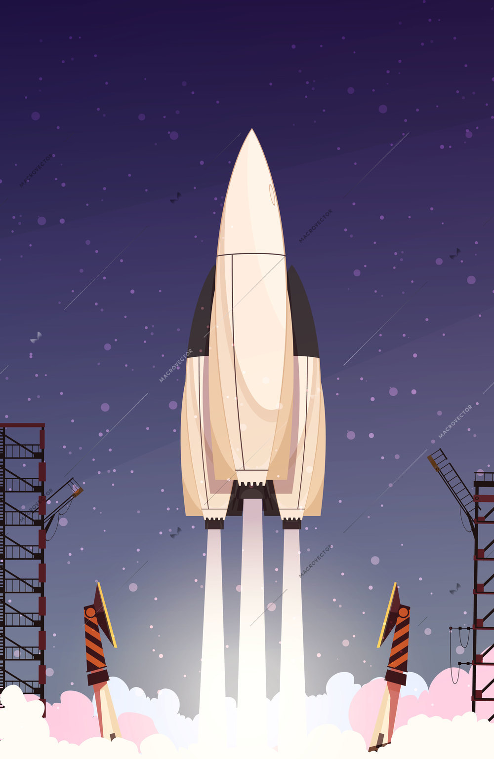 Space technology composition with ground takeoff of carrier rocket with vertical towers of the firing pad vector illustration