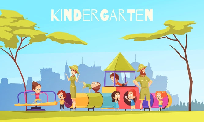 Kindergarten children playground composition with urban scenery silhouettes and group of pre-schoolers with nursery teachers vector illustration