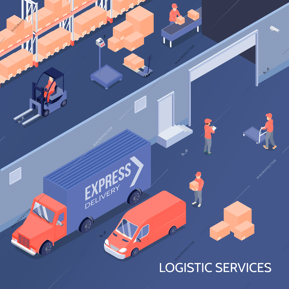 Logistic services including goods storage at warehouse, sorting center, shipment and delivery isometric vector illustration