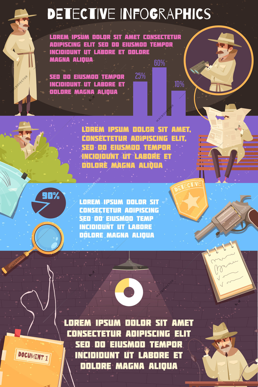 Detective infographics with paragraphs filled with editable text and flat images of spying equipment and human character vector illustration