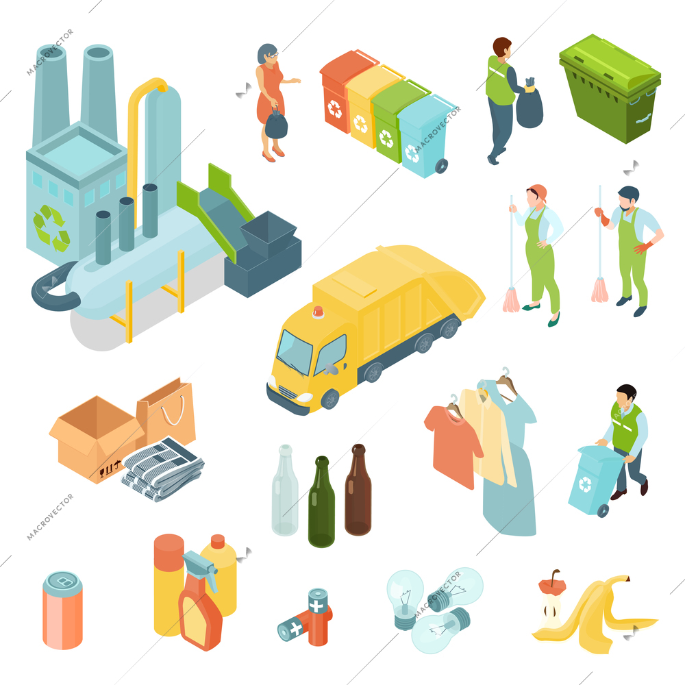 Garbage recycling set of isometric icons with waste processing plant, refuse truck, trash bins isolated vector illustration