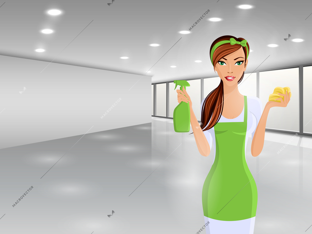 Young woman housewife cleaning with spray and sponge portrait on business office background vector illustration.