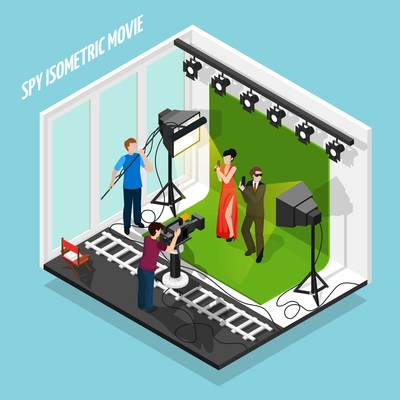 Shooting movie about special agents isometric composition on blue background with staff and film equipment vector illustration