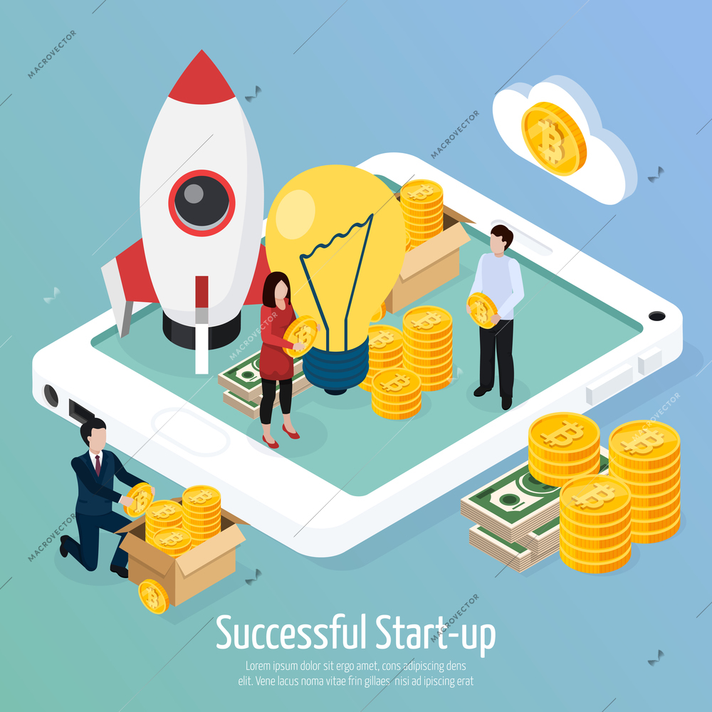 Cryptocurrency successful startup isometric composition on gradient background with creative idea, mobile device, investments, profit vector illustration