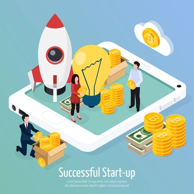 Cryptocurrency successful startup isometric composition on gradient background with creative idea, mobile device, investments, profit vector illustration