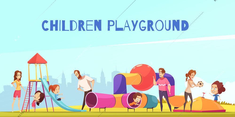 Children playground composition with urban scenery and playground with doodle characters of parents playing with their kids vector illustration