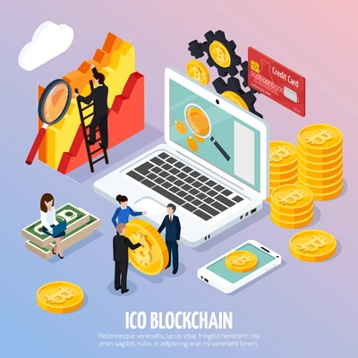 ICO blockchain concept isometric composition on gradient background with mobile devices, marketing research, cryptocurrency, investments vector illustration