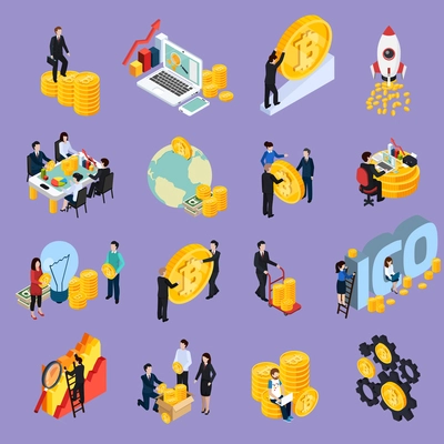 ICO blockchain concept isometric icons with cryptocurrency, research, investment, startup, profit isolated on lilac background vector illustration
