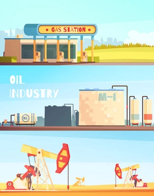 Oil production horizontal banners collection with sunny landscape images of pumping units refinery plant and fuel station vector illustration